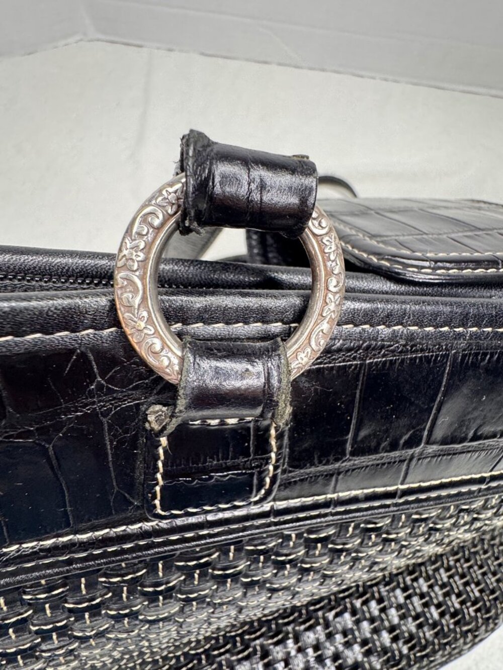 Brighton Black Leather Classic Tote Bag Basket Weave Front Panel Croc Trim - Picture 5 of 15